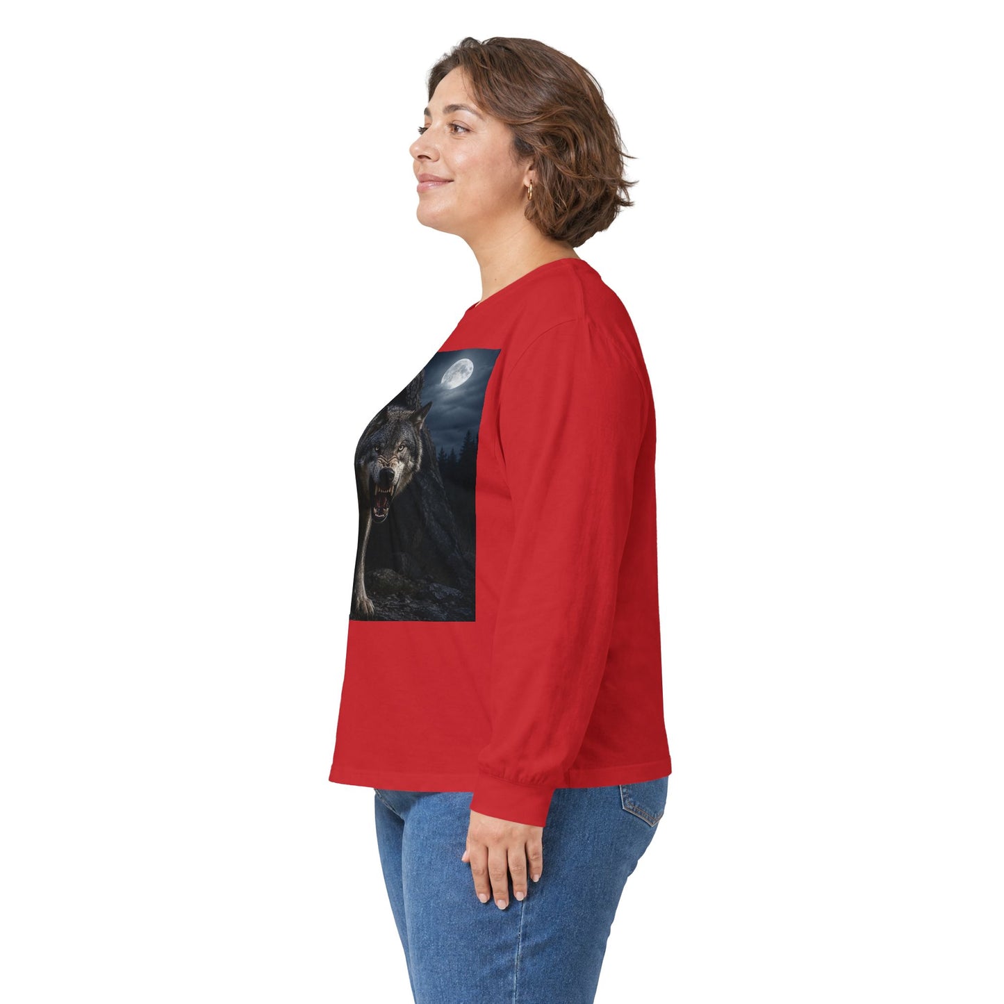 Wolf Moon Long Sleeve Tee — Realistic Wolf Night Graphic