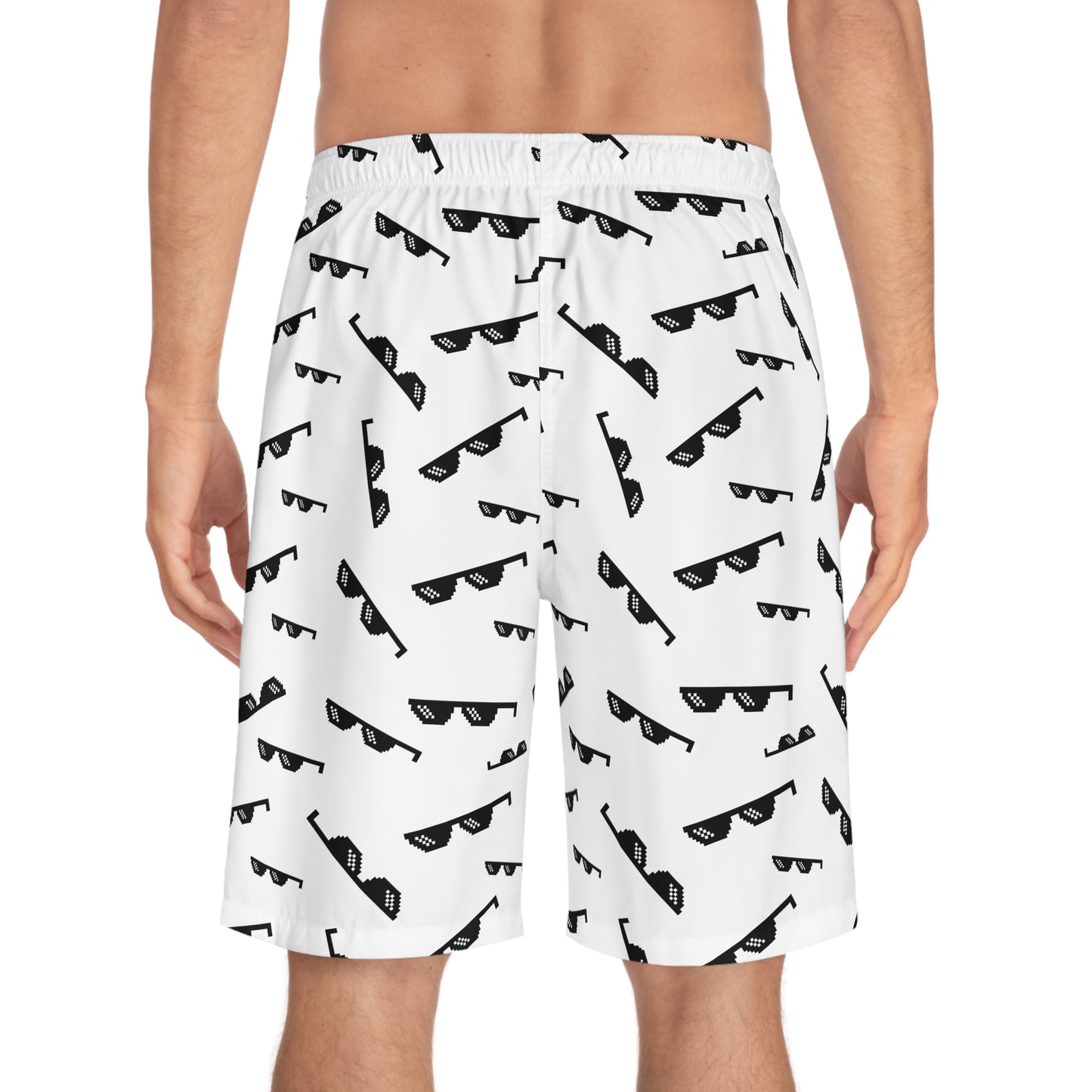 Sunglasses Print Board Shorts — Black & White All-Over Swim Trunks