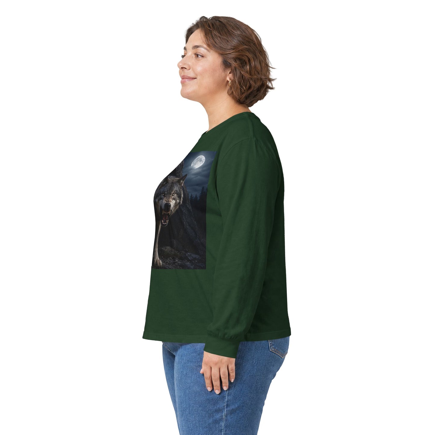 Wolf Moon Long Sleeve Tee — Realistic Wolf Night Graphic