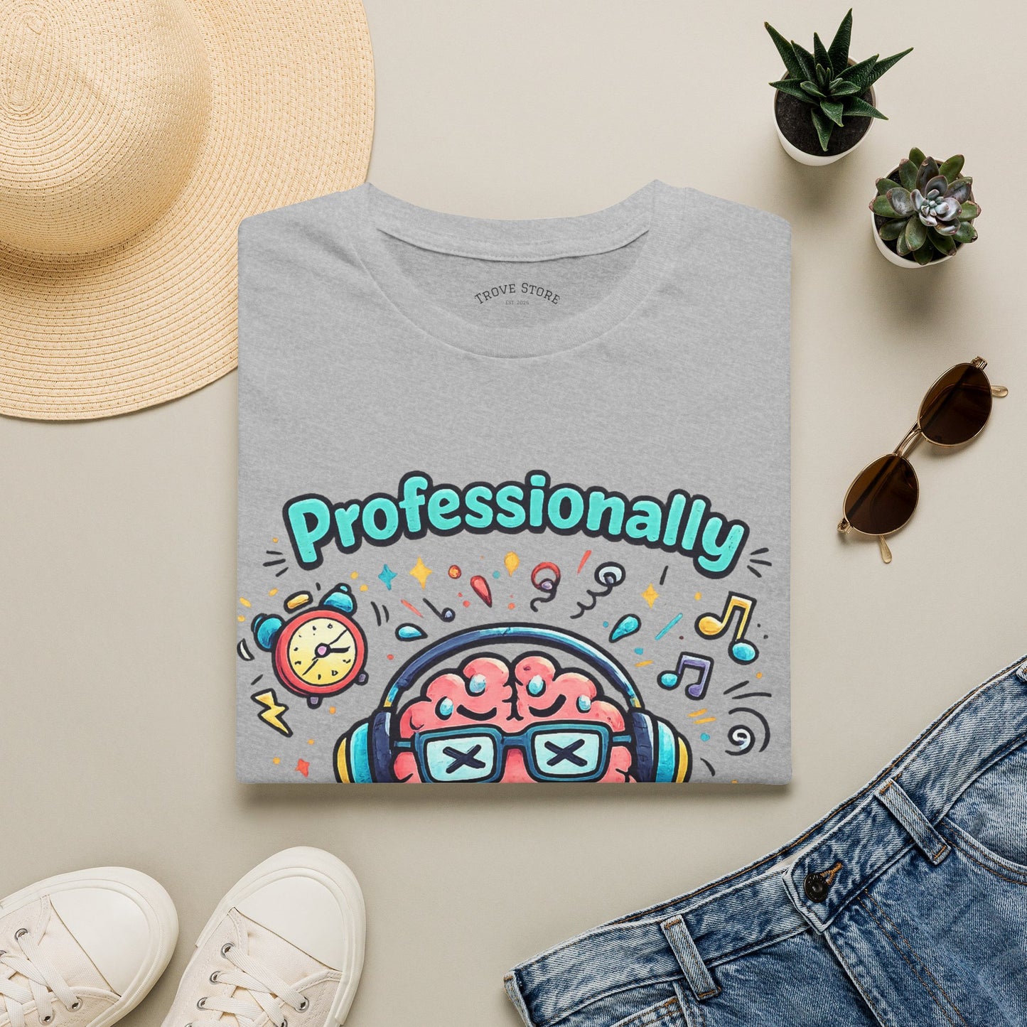 T-Shirt — 'Professionally Overstimulated' Cute Brain Graphic Tee