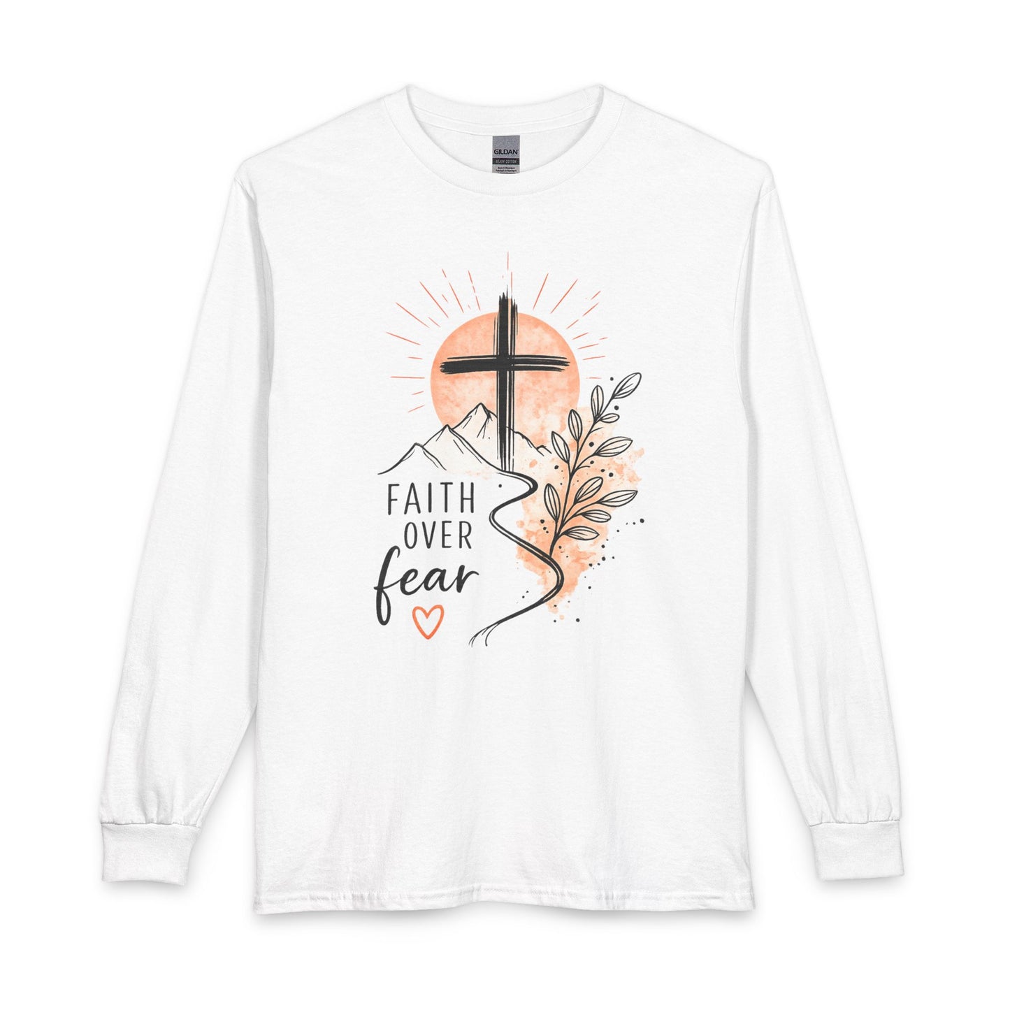 Faith Over Fear Long Sleeve Tee — Christian Cross Mountain Design