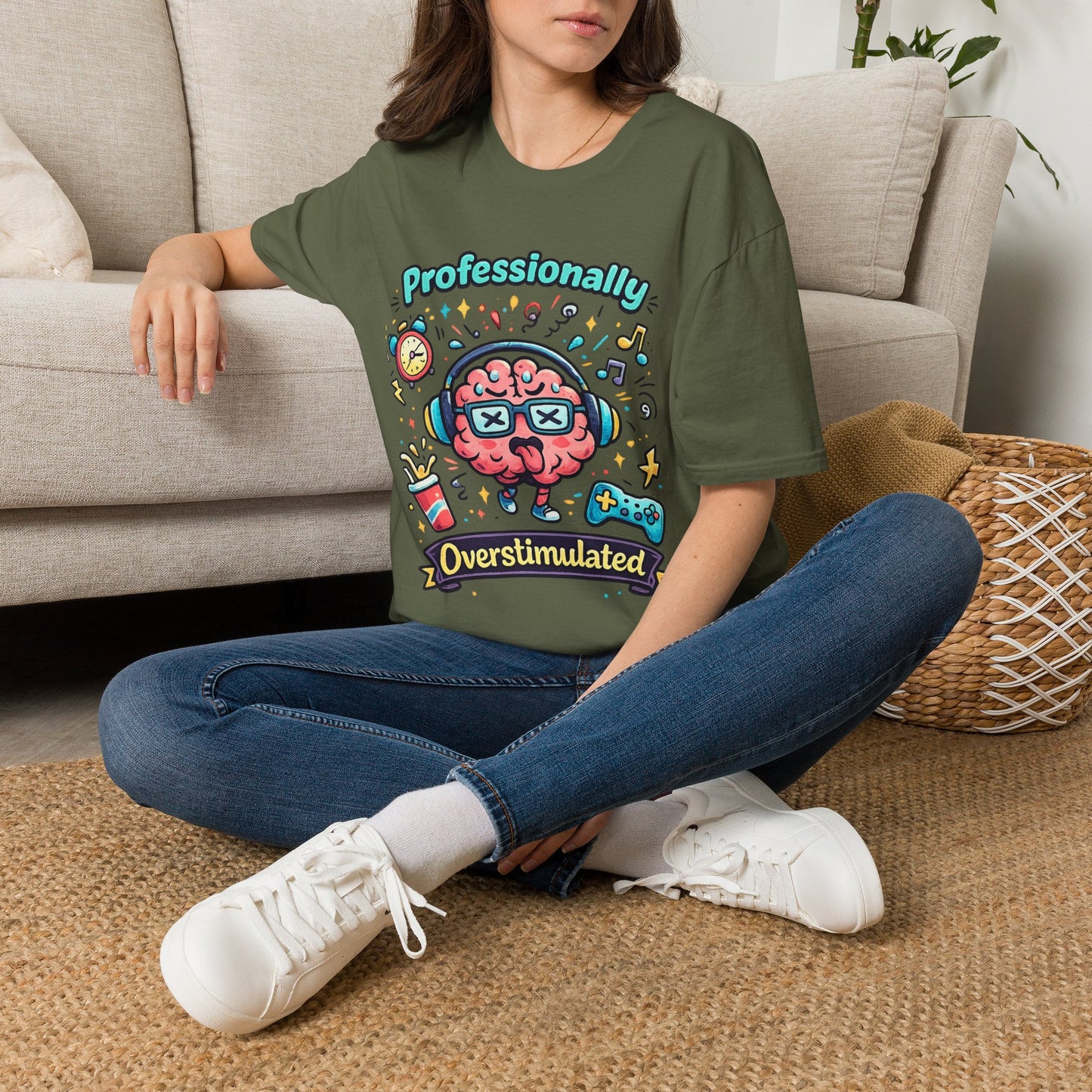 T-Shirt — 'Professionally Overstimulated' Cute Brain Graphic Tee