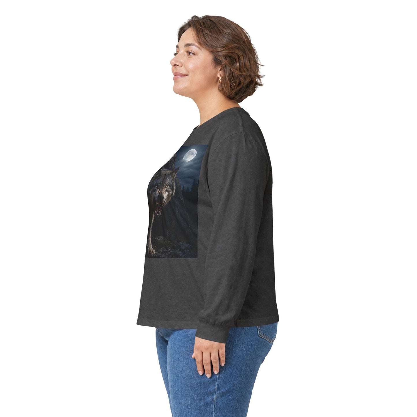 Wolf Moon Long Sleeve Tee — Realistic Wolf Night Graphic