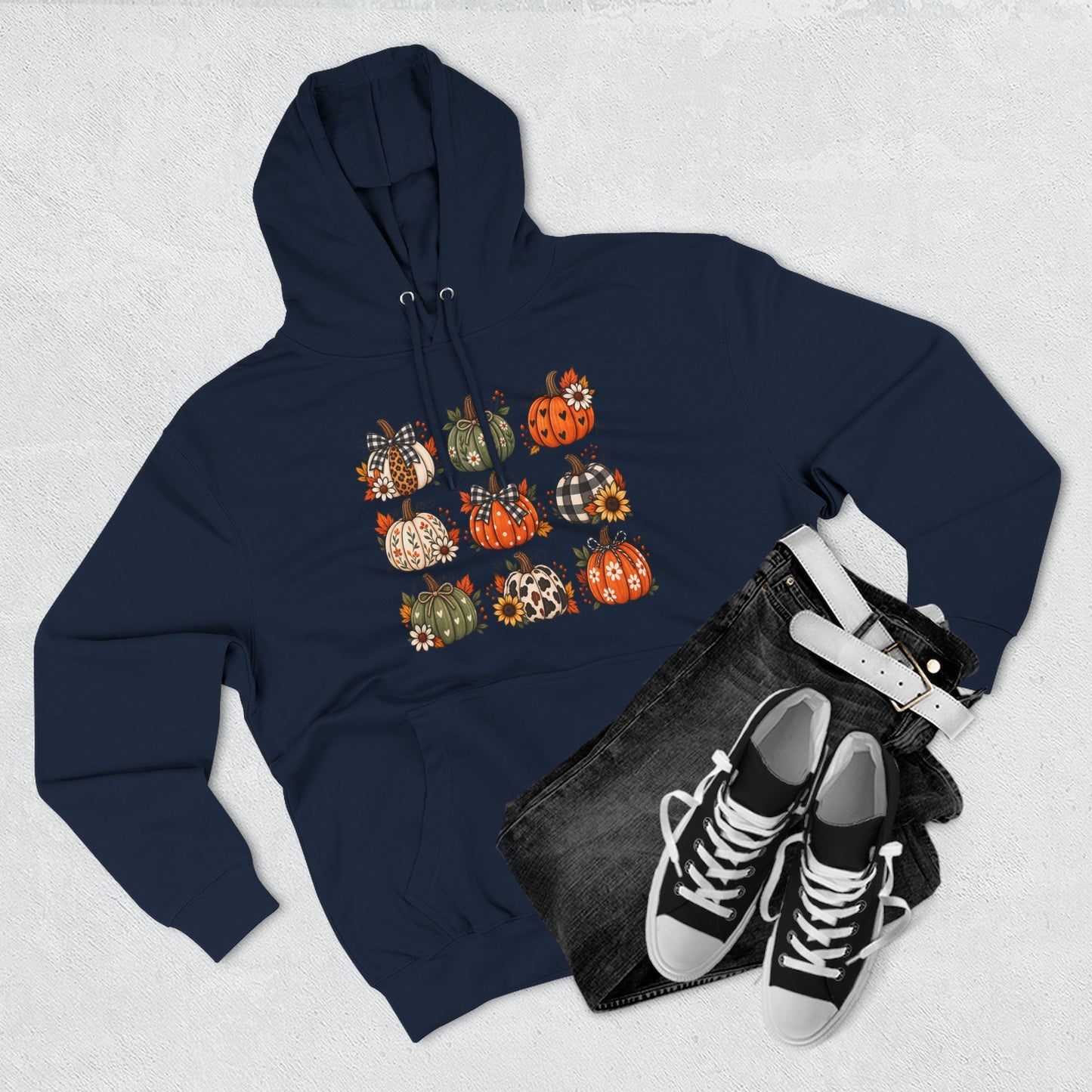 Pumpkin Patch Panel Hoodie — Fall Plaid & Floral Pumpkin Design
