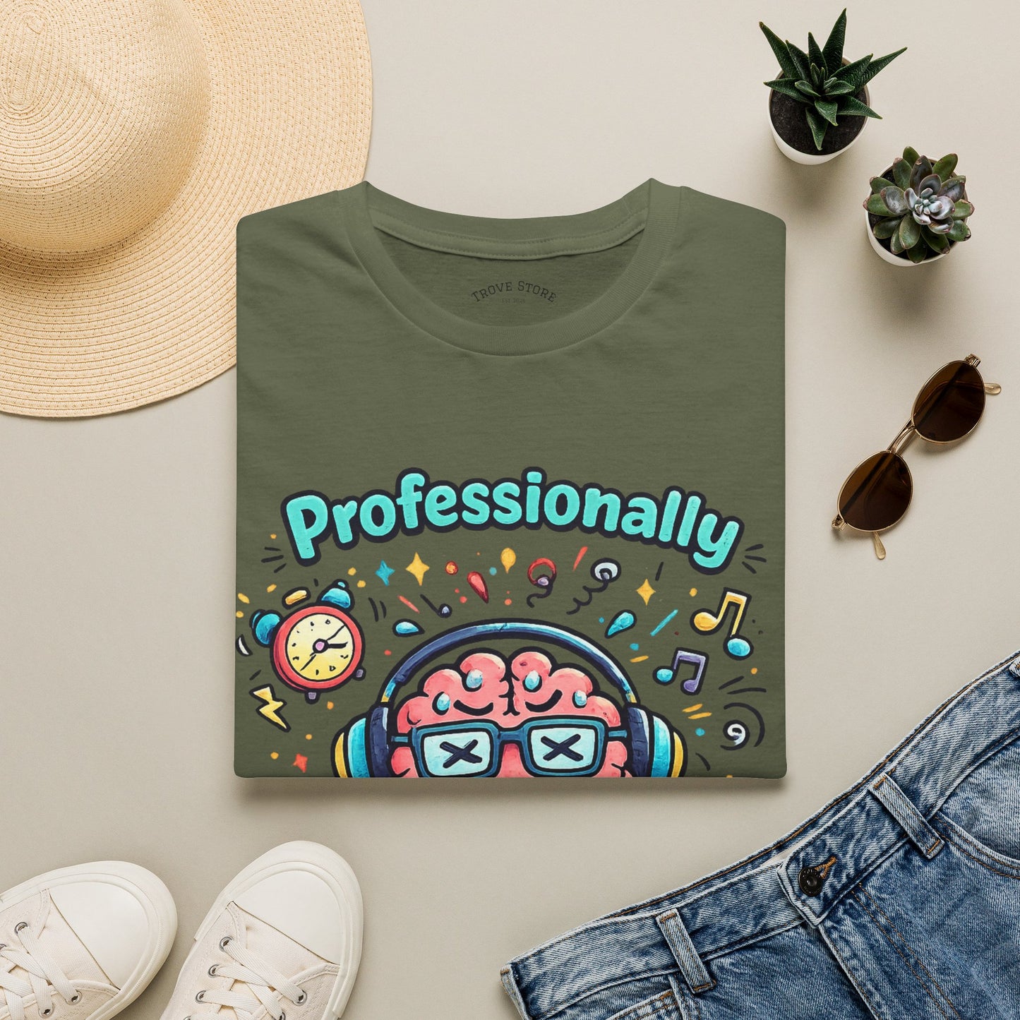 T-Shirt — 'Professionally Overstimulated' Cute Brain Graphic Tee