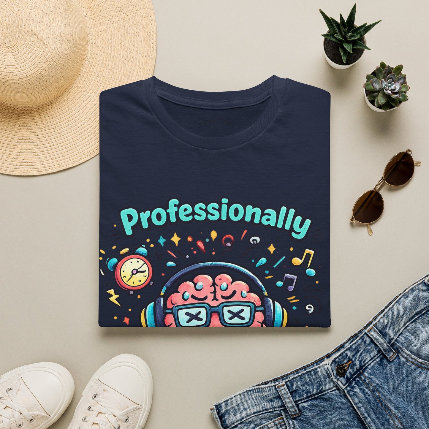 T-Shirt — 'Professionally Overstimulated' Cute Brain Graphic Tee