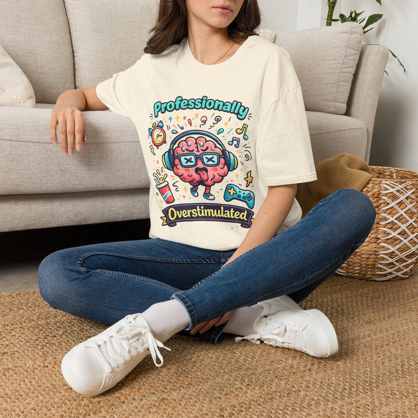 T-Shirt — 'Professionally Overstimulated' Cute Brain Graphic Tee