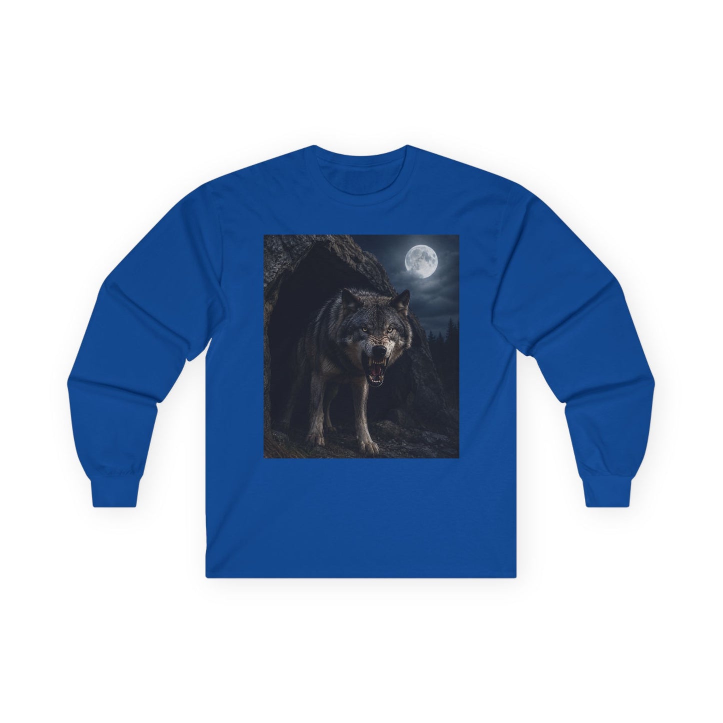Wolf Moon Long Sleeve Tee — Realistic Wolf Night Graphic