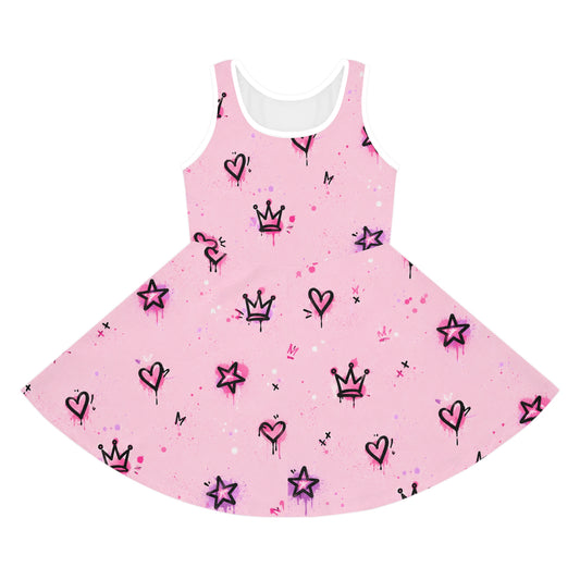 Girls' Pink Crown & Hearts Sundress – Sleeveless Twirl Dress