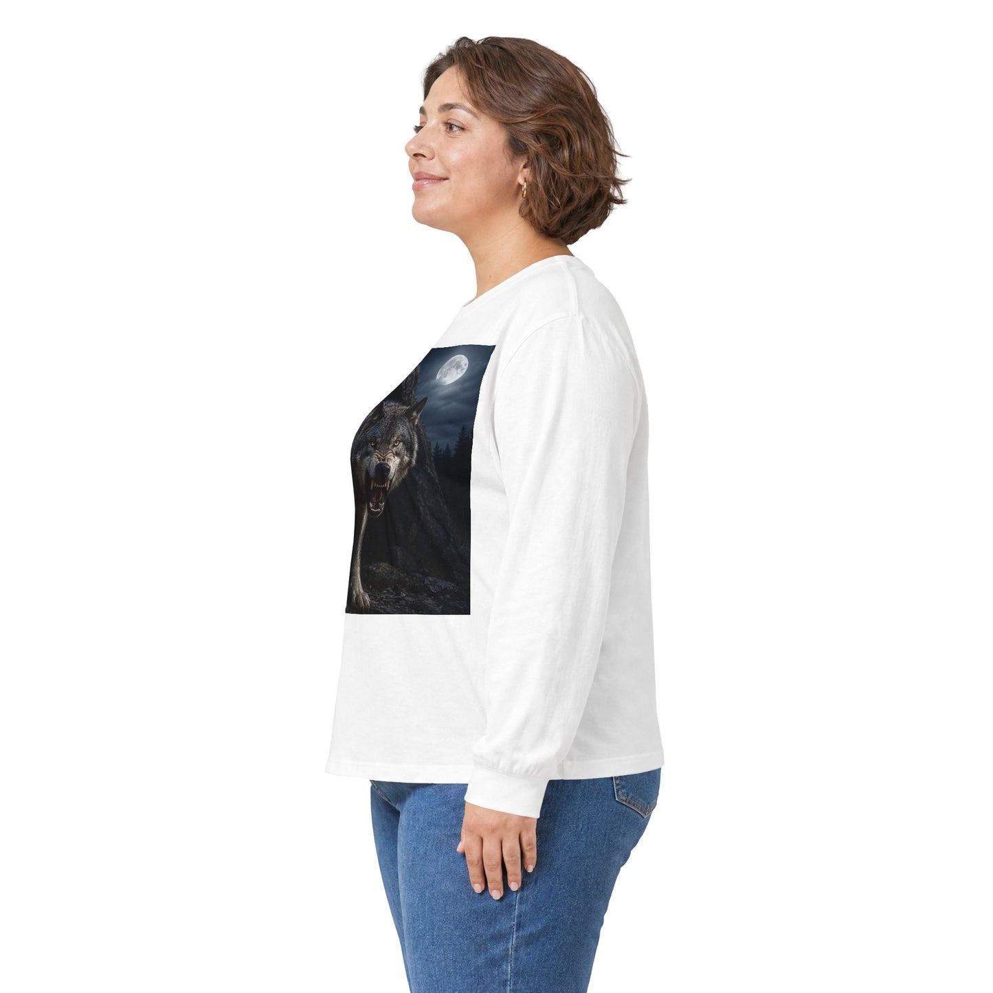 Wolf Moon Long Sleeve Tee — Realistic Wolf Night Graphic