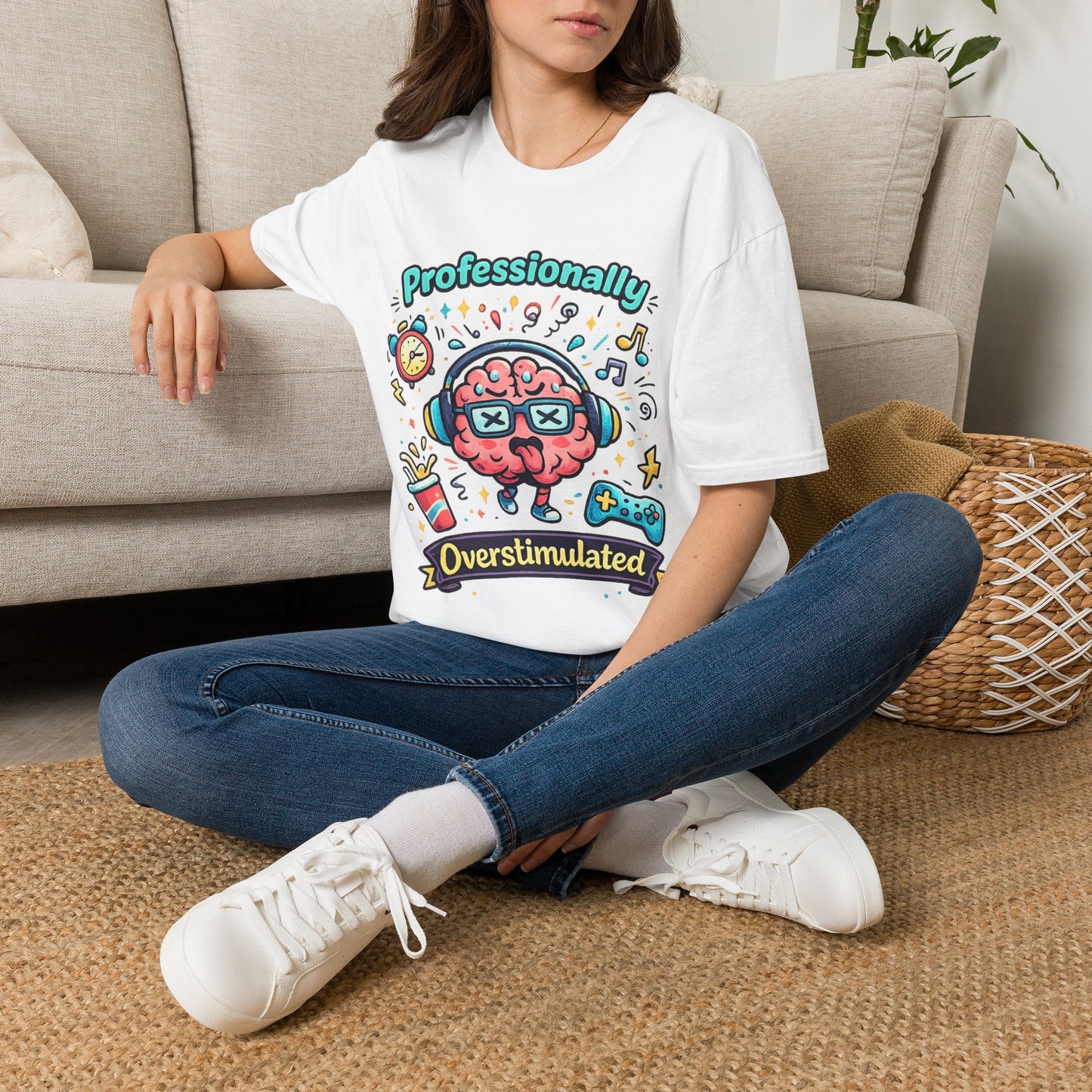 T-Shirt — 'Professionally Overstimulated' Cute Brain Graphic Tee