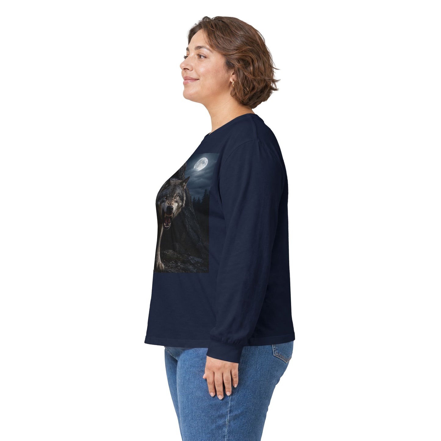Wolf Moon Long Sleeve Tee — Realistic Wolf Night Graphic
