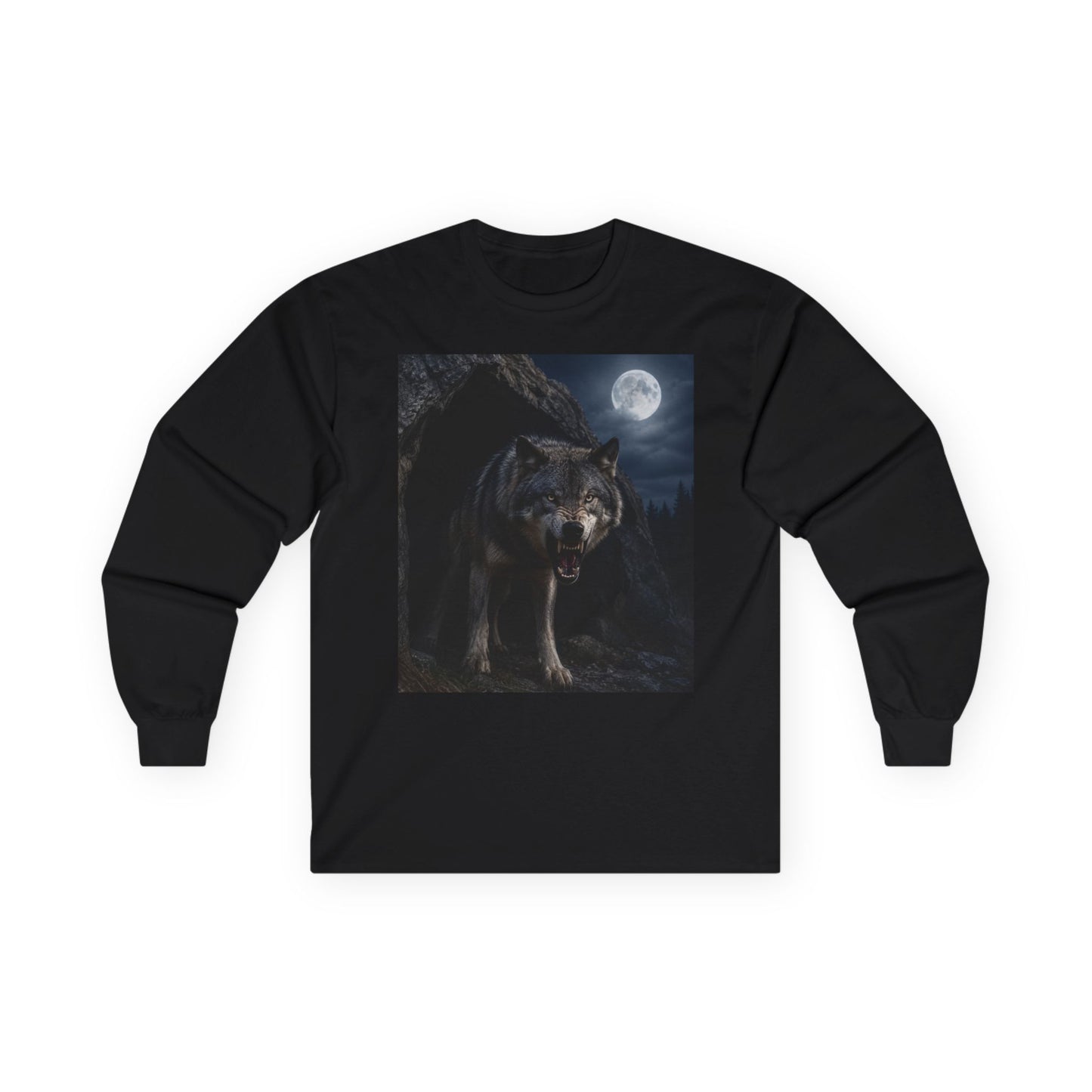 Wolf Moon Long Sleeve Tee — Realistic Wolf Night Graphic