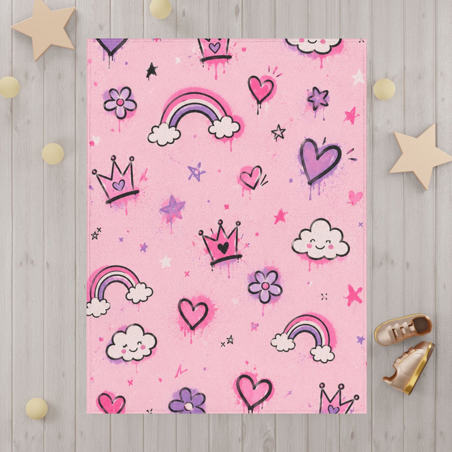Pink Princess Rainbows Toddler Blanket — Cute Hearts, Crowns & Clouds Plush Throw