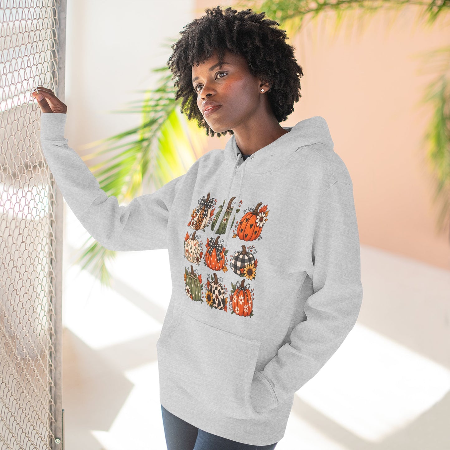 Pumpkin Patch Panel Hoodie — Fall Plaid & Floral Pumpkin Design