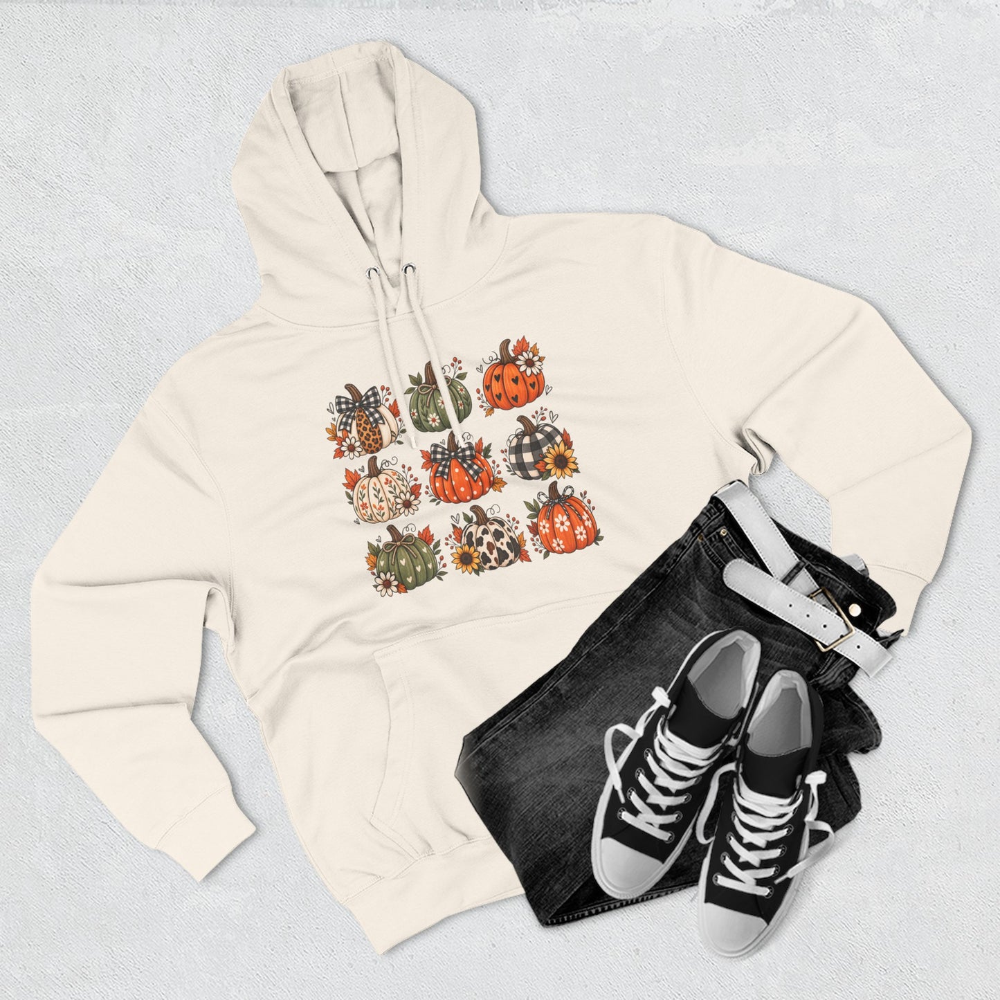 Pumpkin Patch Panel Hoodie — Fall Plaid & Floral Pumpkin Design