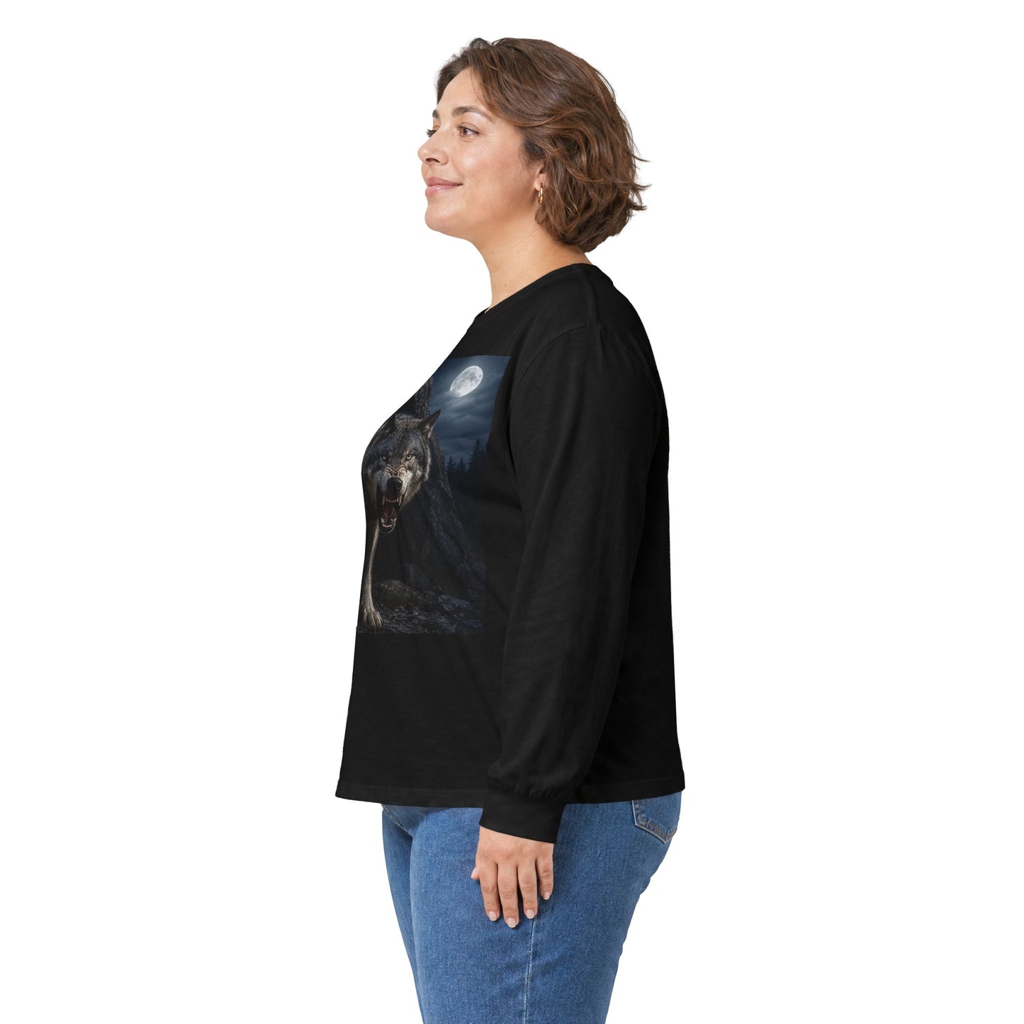 Wolf Moon Long Sleeve Tee — Realistic Wolf Night Graphic