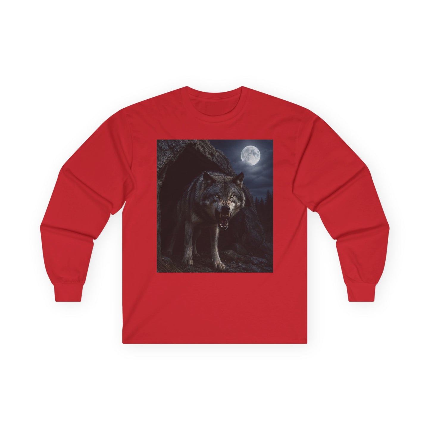 Wolf Moon Long Sleeve Tee — Realistic Wolf Night Graphic