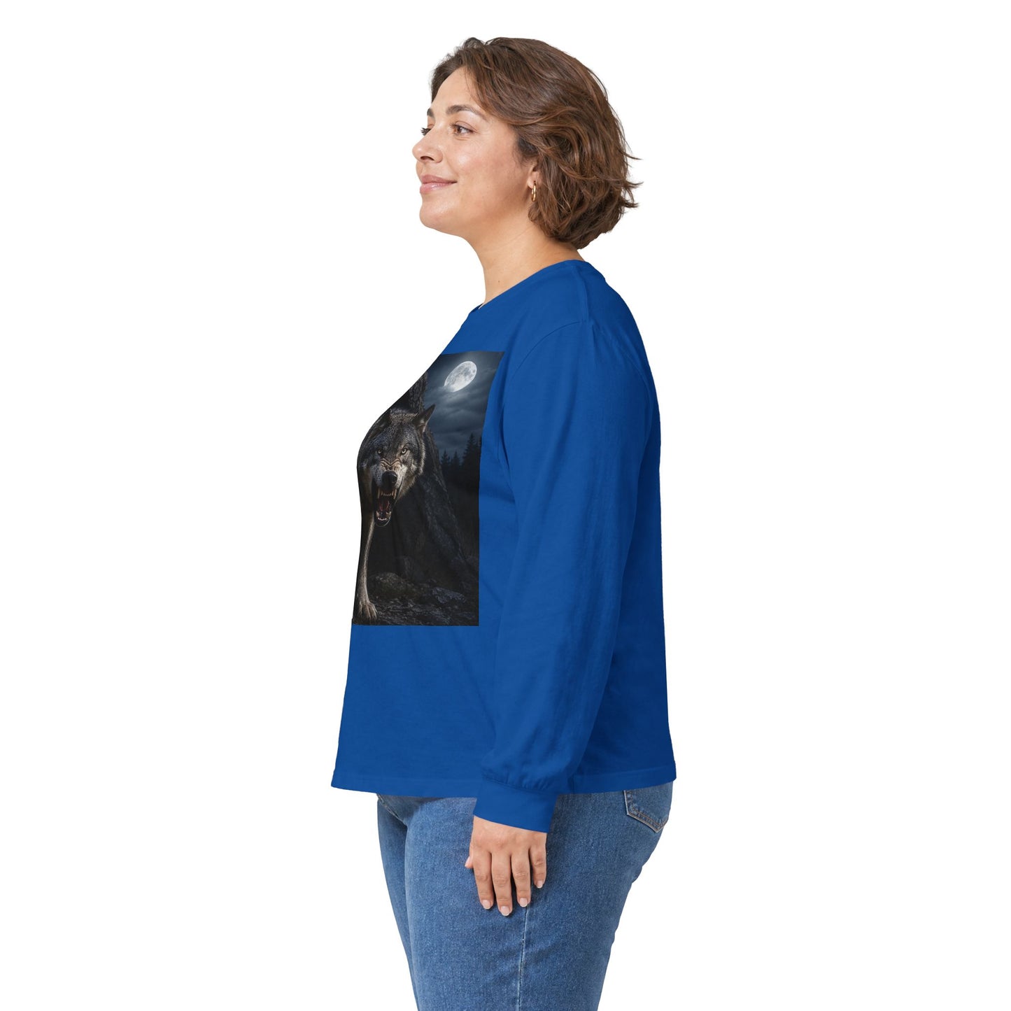Wolf Moon Long Sleeve Tee — Realistic Wolf Night Graphic