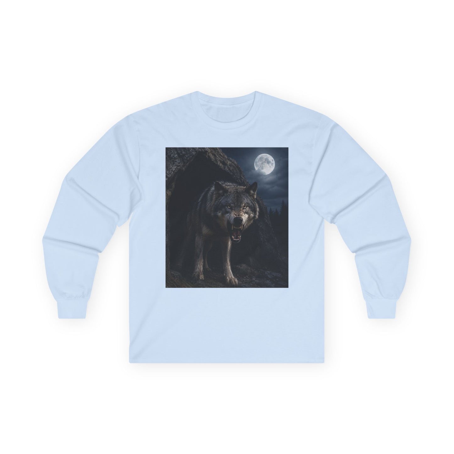 Wolf Moon Long Sleeve Tee — Realistic Wolf Night Graphic