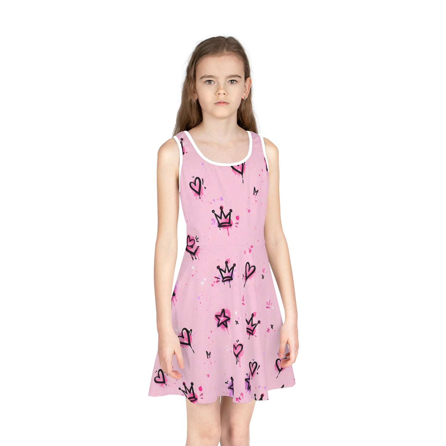 Girls' Pink Crown & Hearts Sundress – Sleeveless Twirl Dress