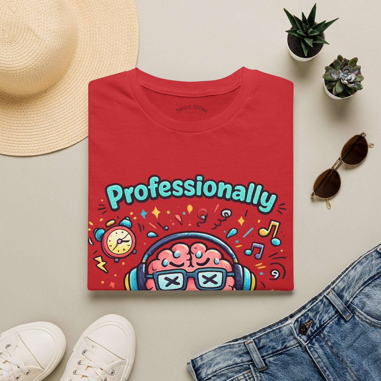 T-Shirt — 'Professionally Overstimulated' Cute Brain Graphic Tee