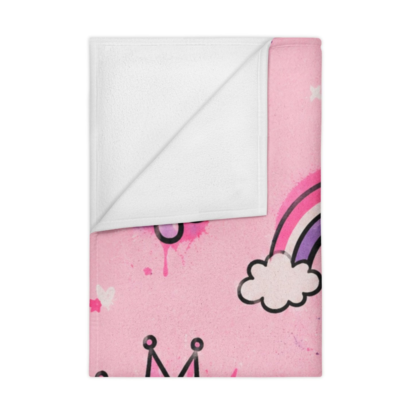 Pink Princess Rainbows Toddler Blanket — Cute Hearts, Crowns & Clouds Plush Throw