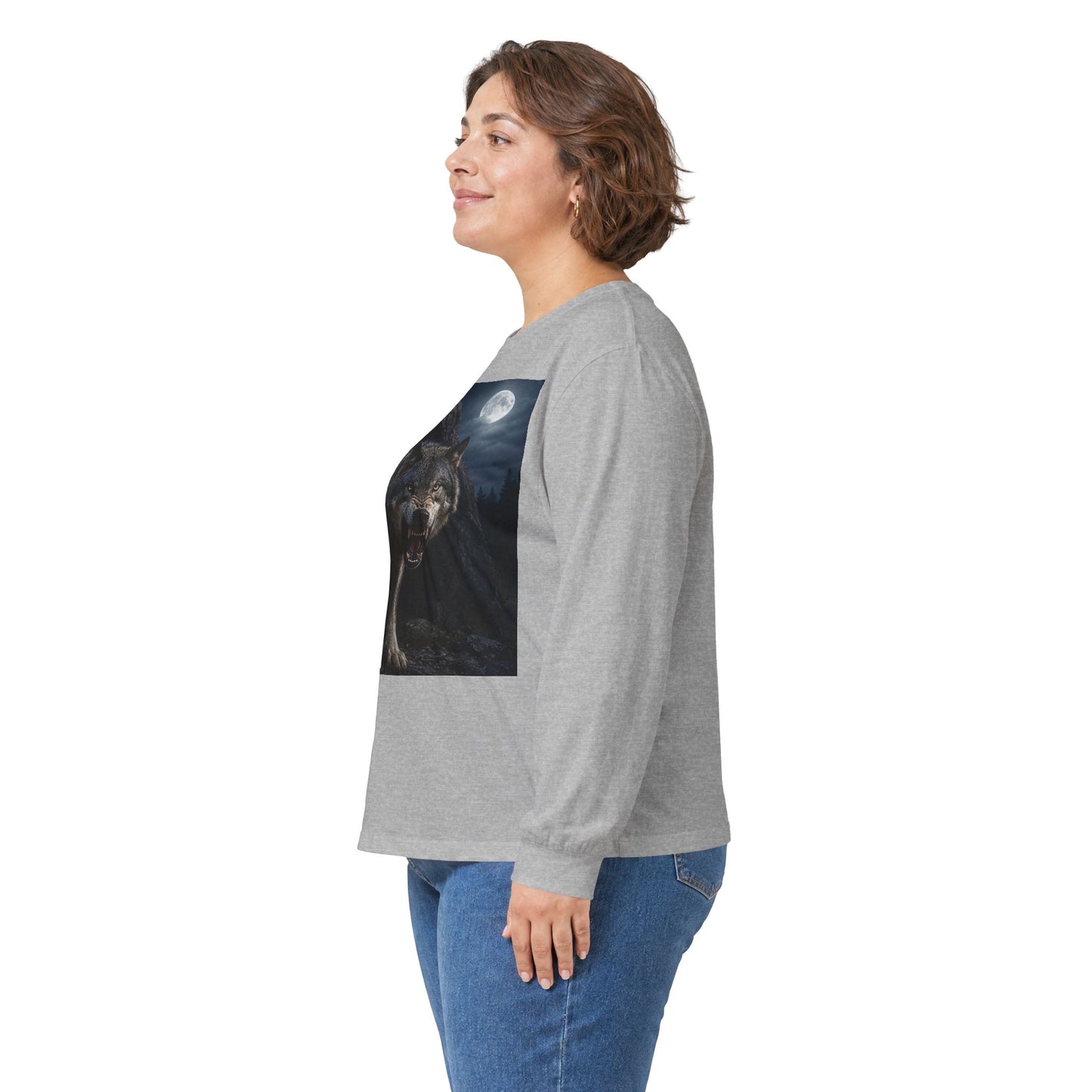 Wolf Moon Long Sleeve Tee — Realistic Wolf Night Graphic