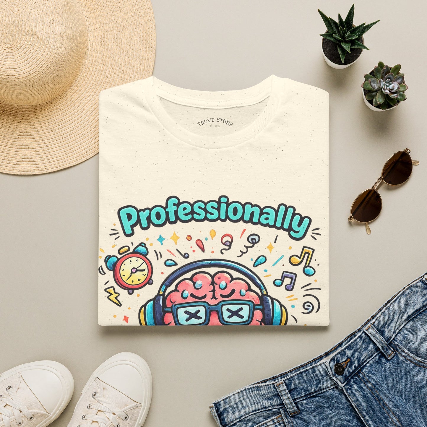 T-Shirt — 'Professionally Overstimulated' Cute Brain Graphic Tee