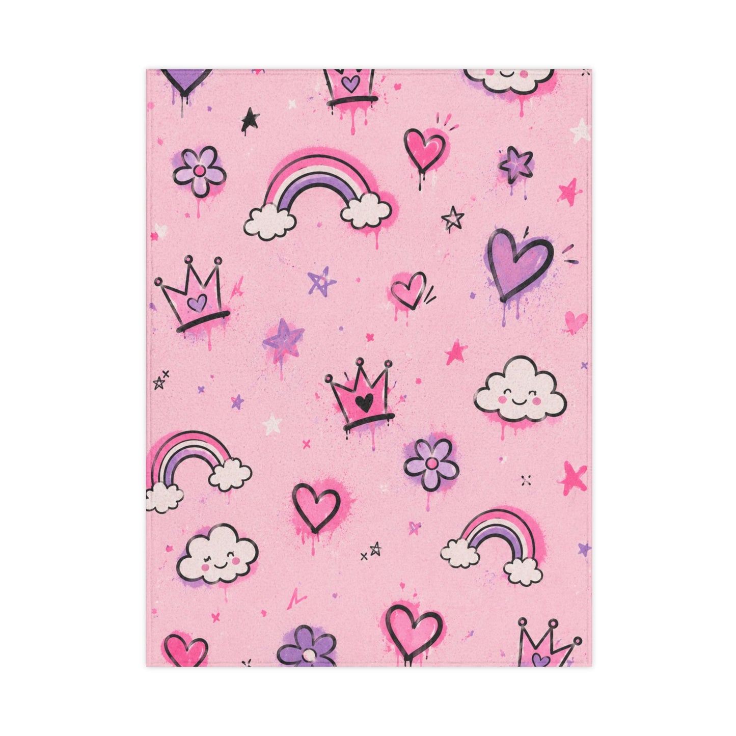 Pink Princess Rainbows Toddler Blanket — Cute Hearts, Crowns & Clouds Plush Throw