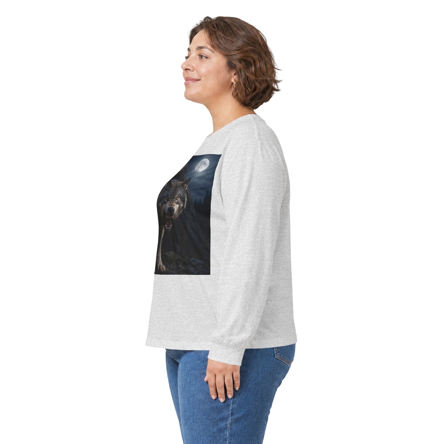 Wolf Moon Long Sleeve Tee — Realistic Wolf Night Graphic