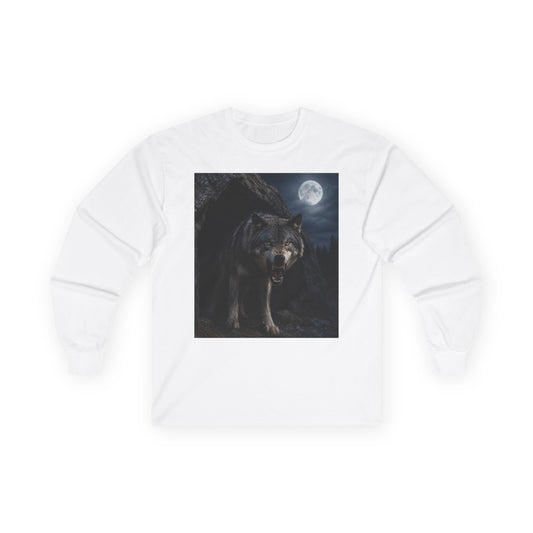 Wolf Moon Long Sleeve Tee — Realistic Wolf Night Graphic