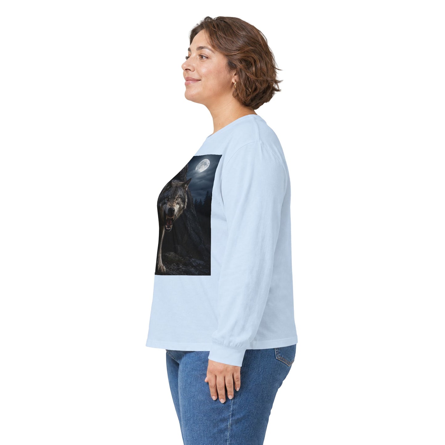 Wolf Moon Long Sleeve Tee — Realistic Wolf Night Graphic