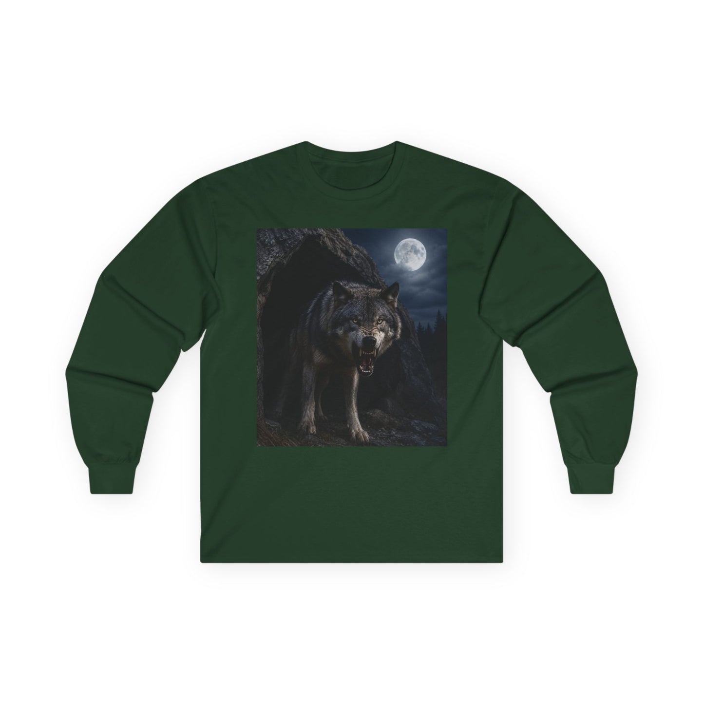 Wolf Moon Long Sleeve Tee — Realistic Wolf Night Graphic