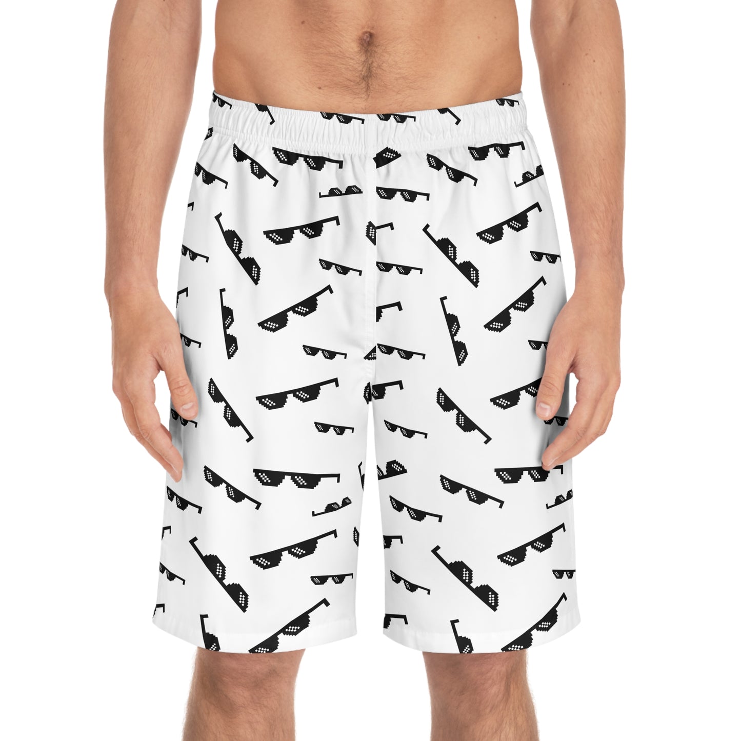 Sunglasses Print Board Shorts — Black & White All-Over Swim Trunks