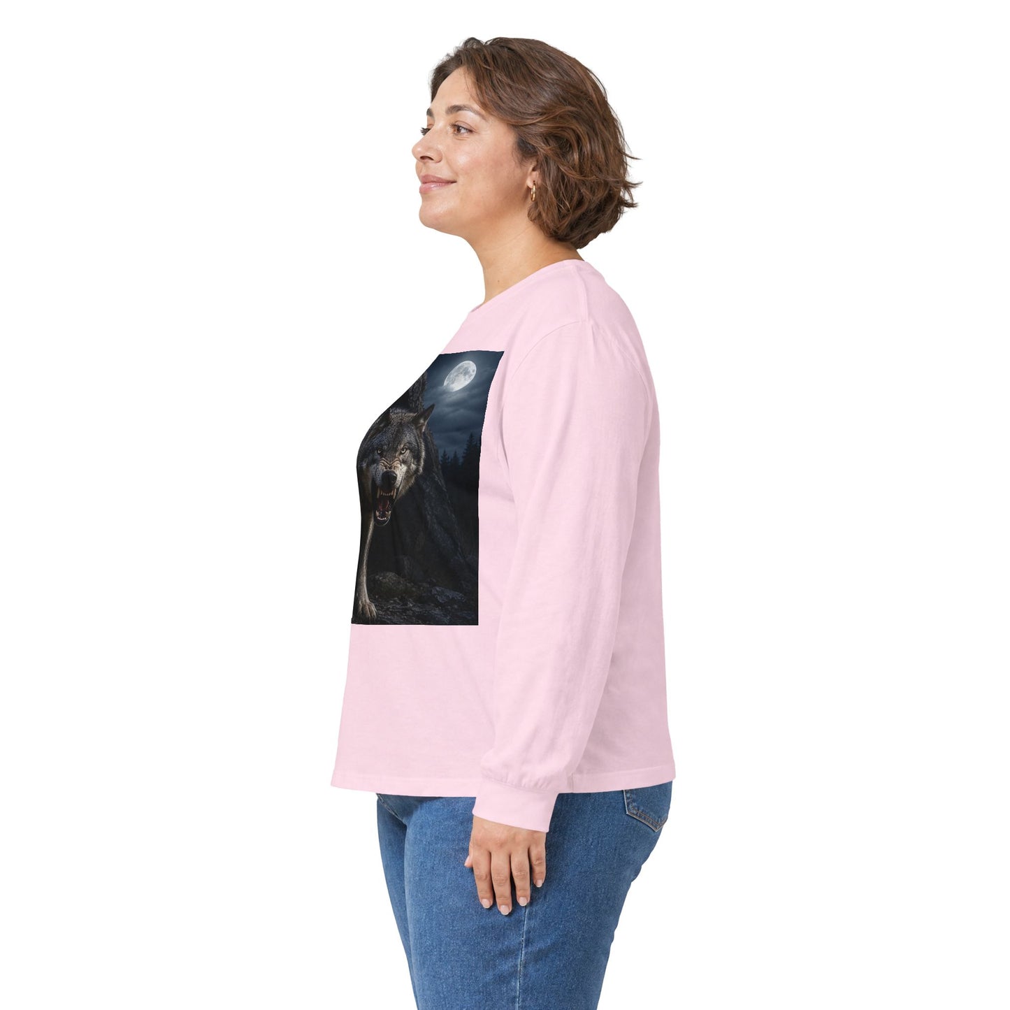Wolf Moon Long Sleeve Tee — Realistic Wolf Night Graphic