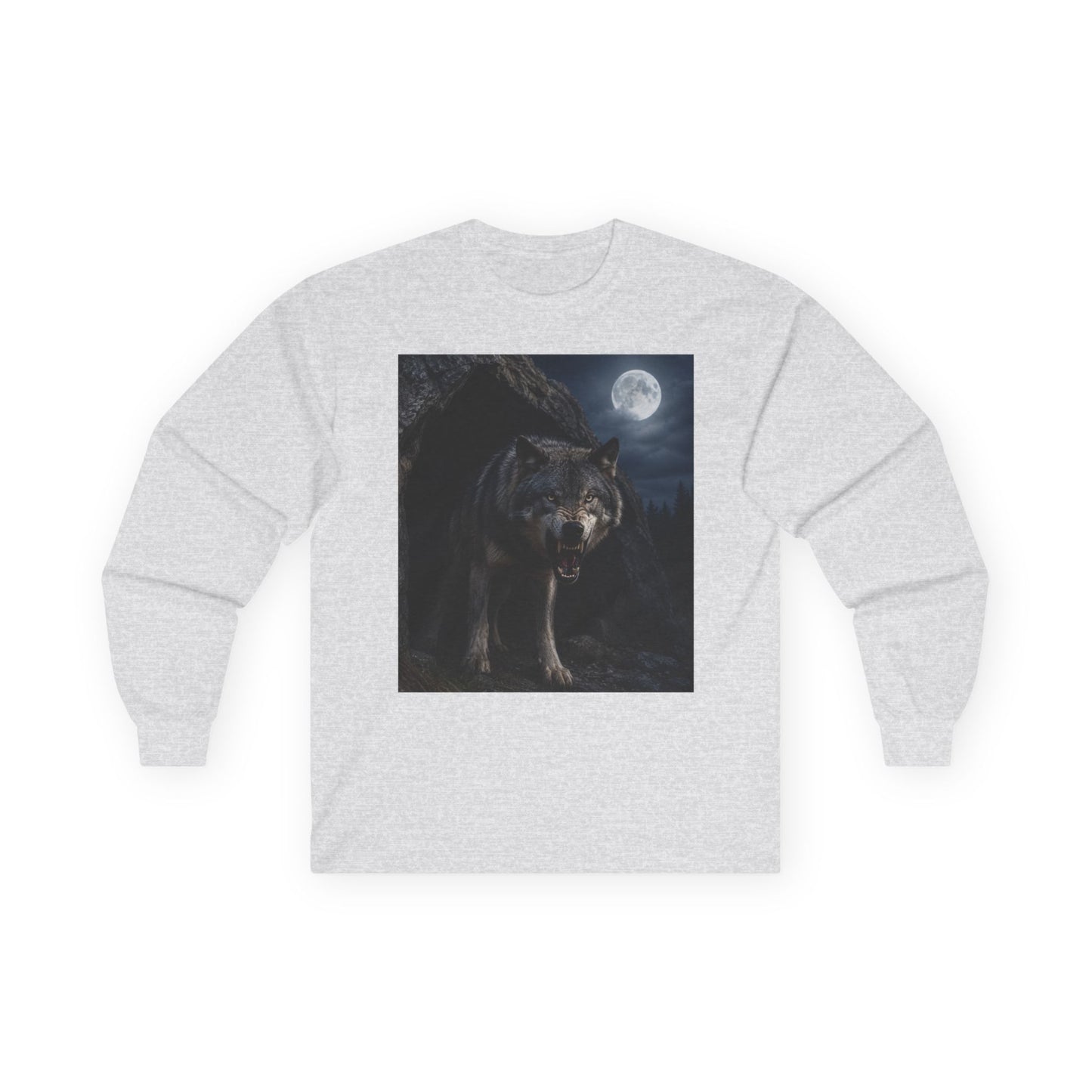Wolf Moon Long Sleeve Tee — Realistic Wolf Night Graphic