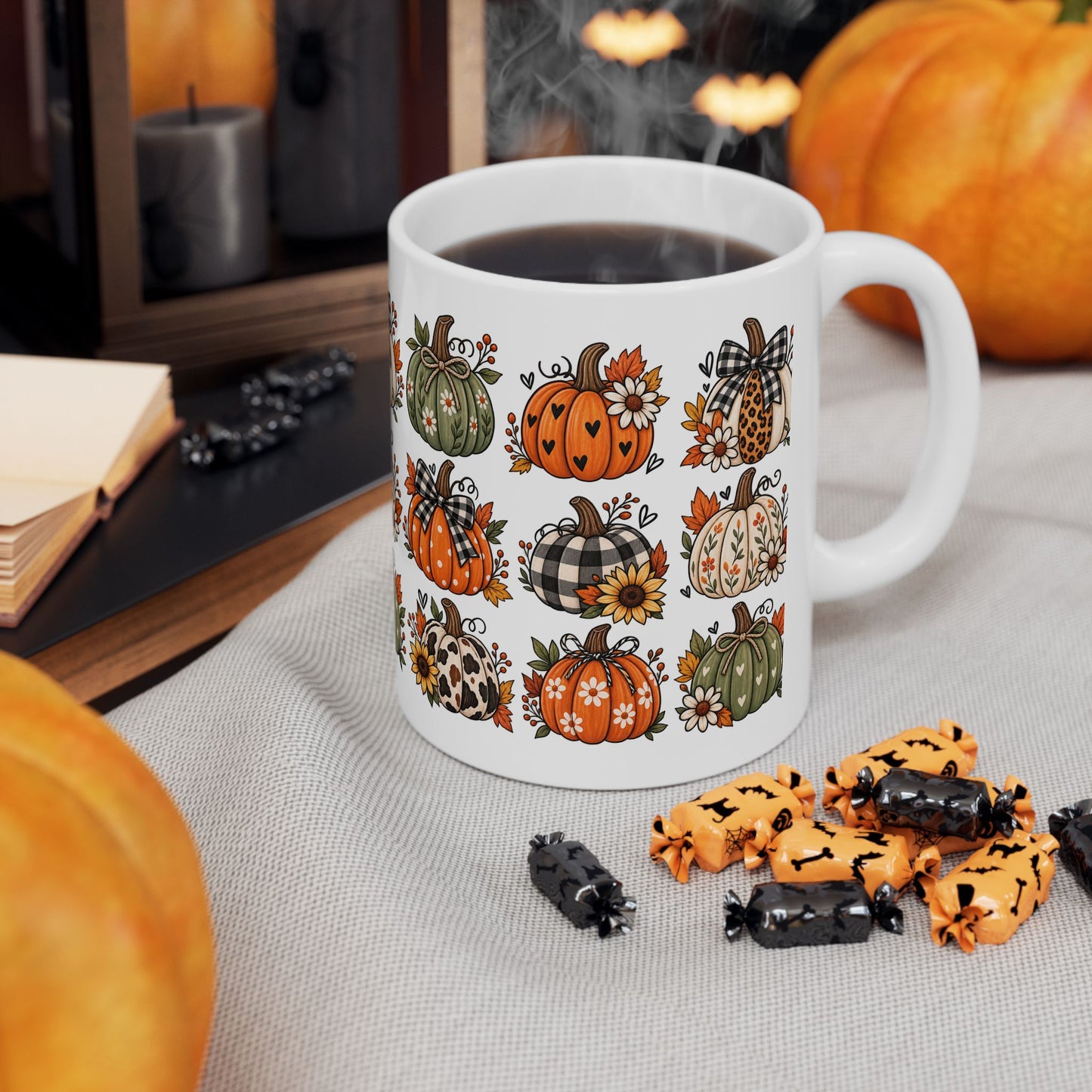 Autumn Patchwork Pumpkins Mug — Fall Pumpkin Coffee Cup (11oz & 15oz)