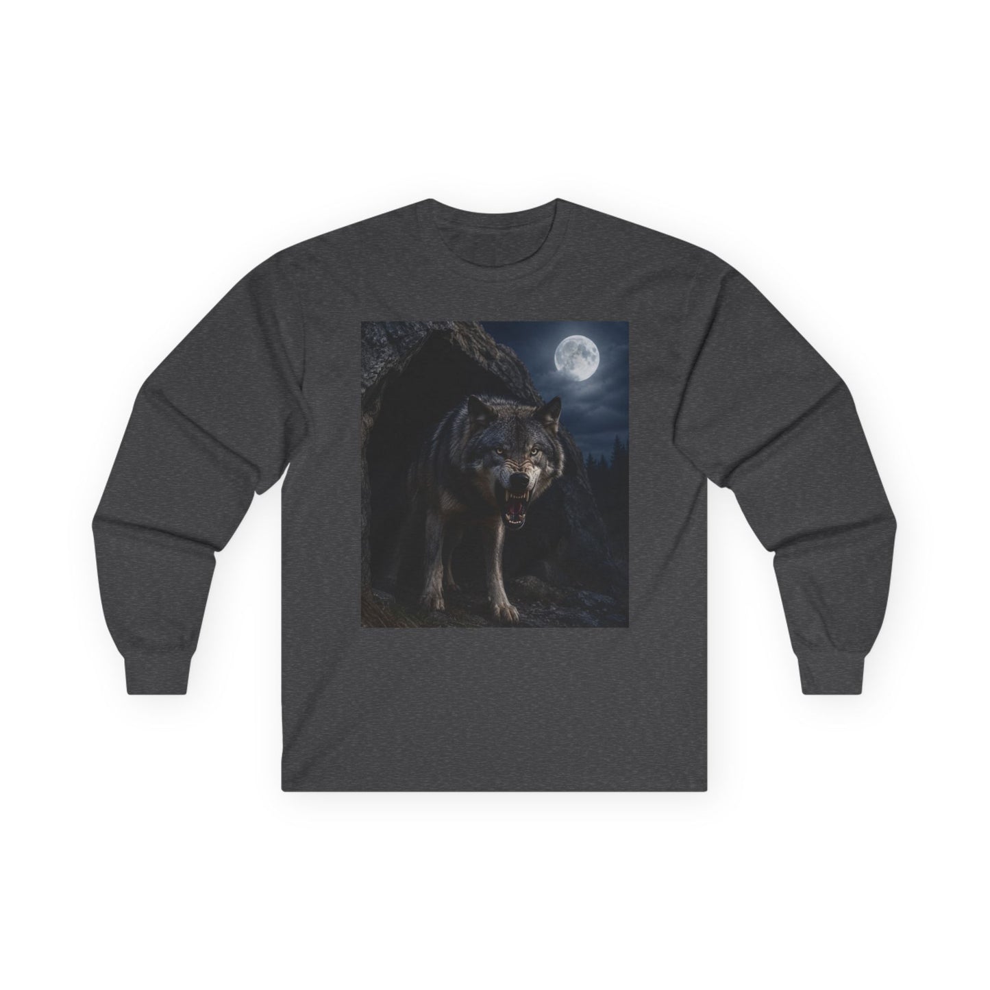 Wolf Moon Long Sleeve Tee — Realistic Wolf Night Graphic