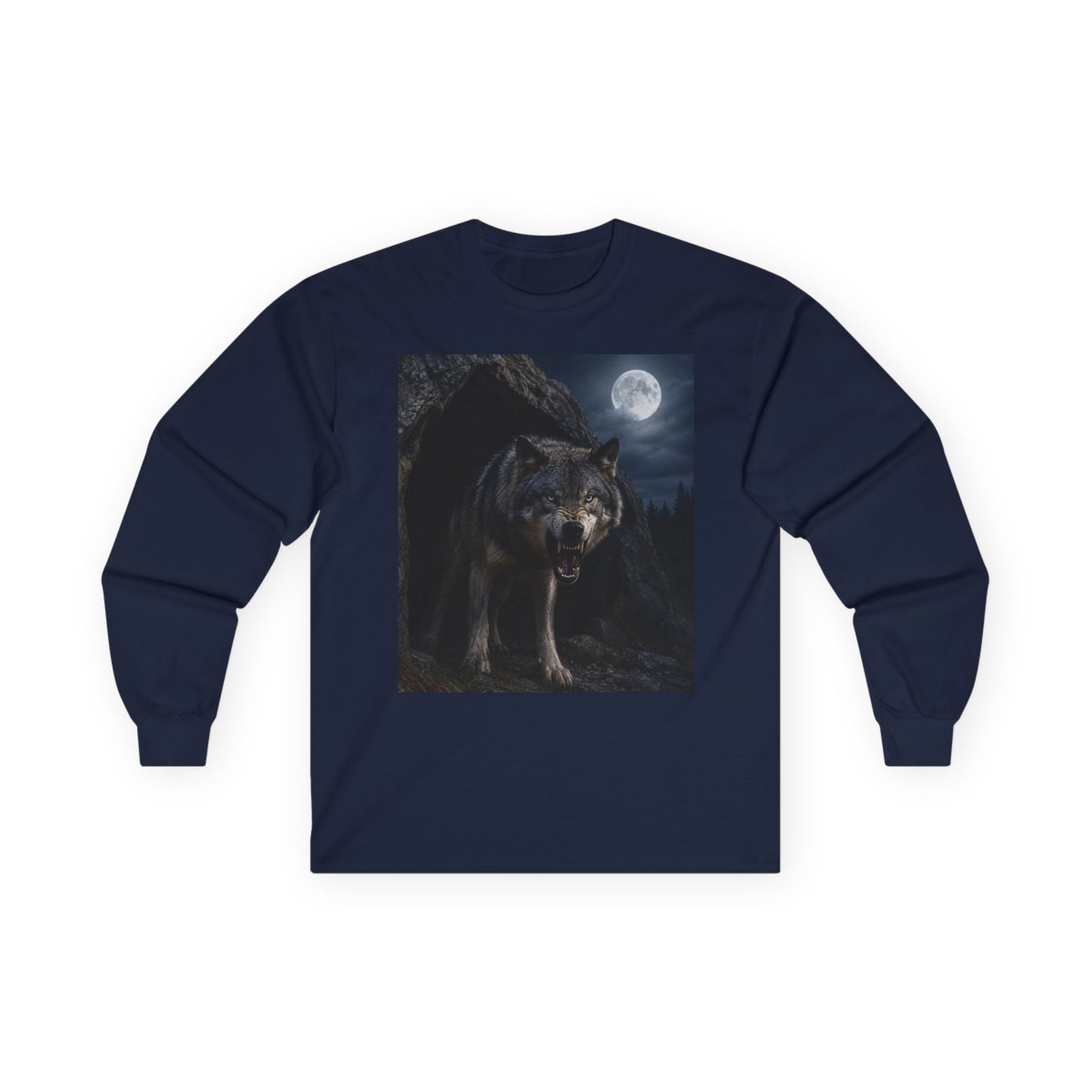 Wolf Moon Long Sleeve Tee — Realistic Wolf Night Graphic