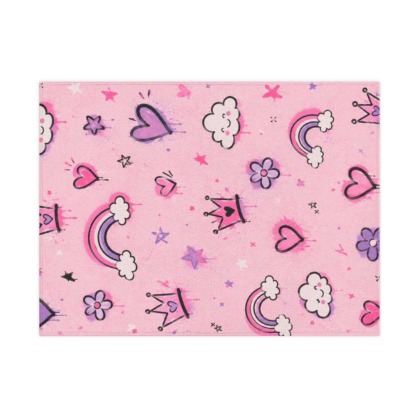 Pink Princess Rainbows Toddler Blanket — Cute Hearts, Crowns & Clouds Plush Throw