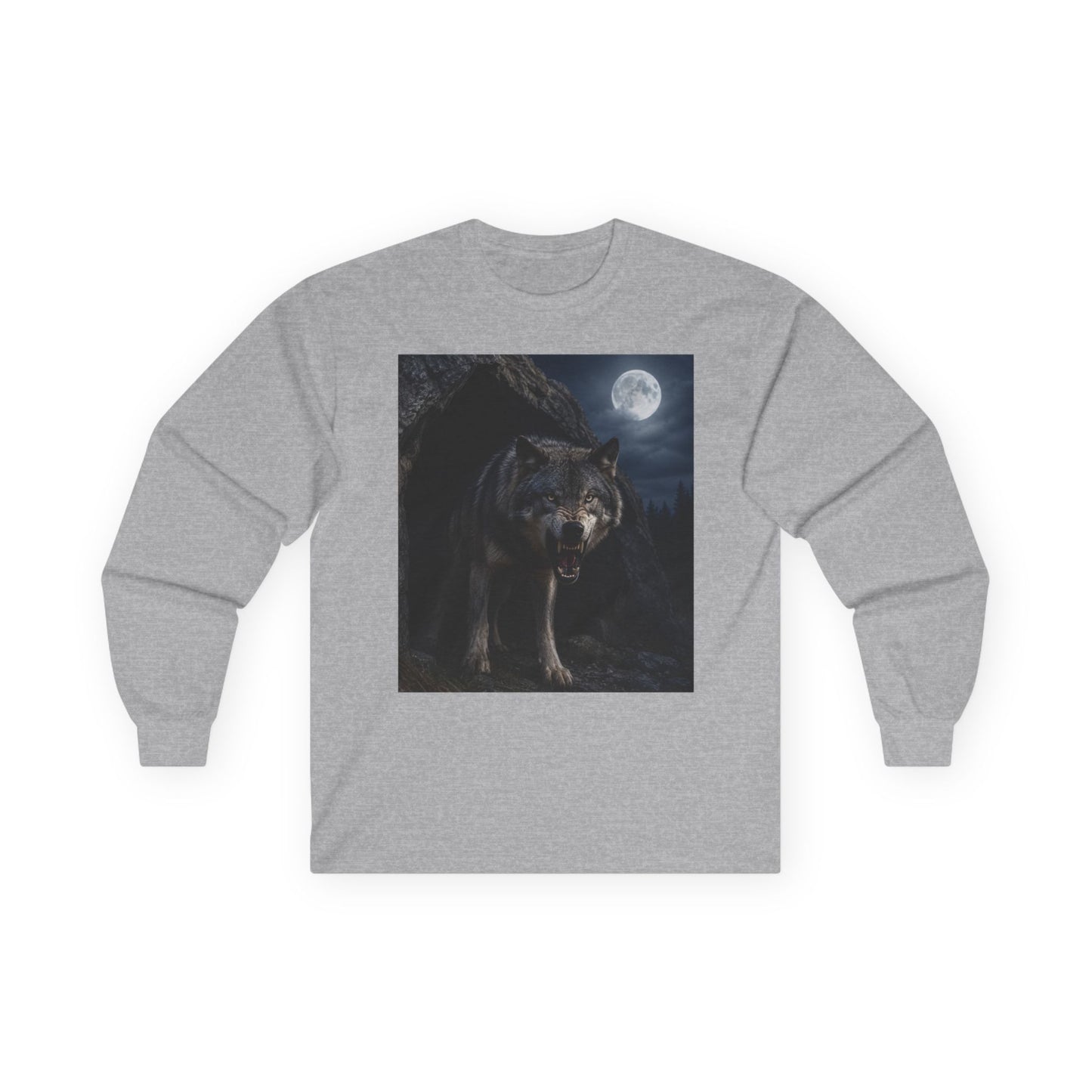 Wolf Moon Long Sleeve Tee — Realistic Wolf Night Graphic