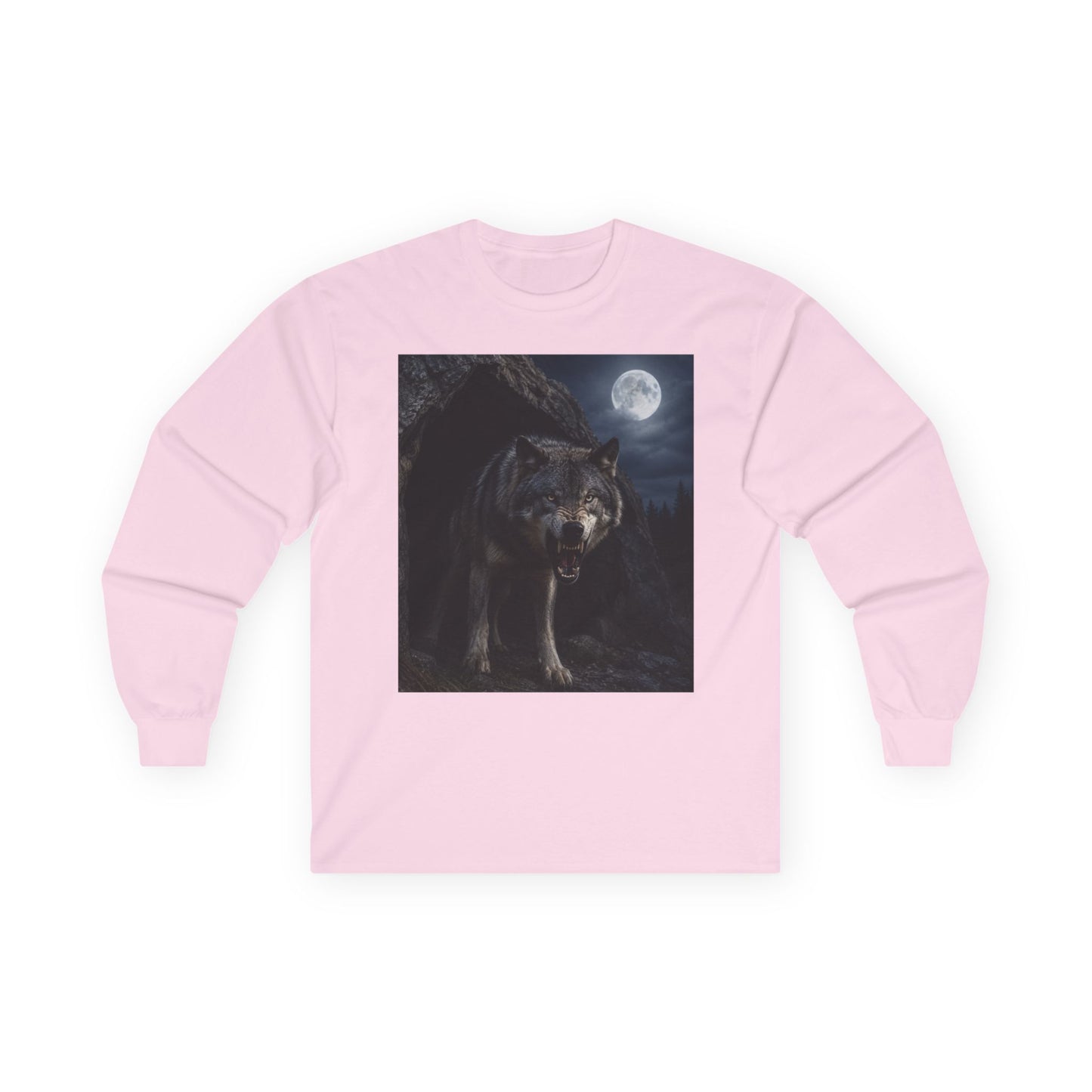 Wolf Moon Long Sleeve Tee — Realistic Wolf Night Graphic
